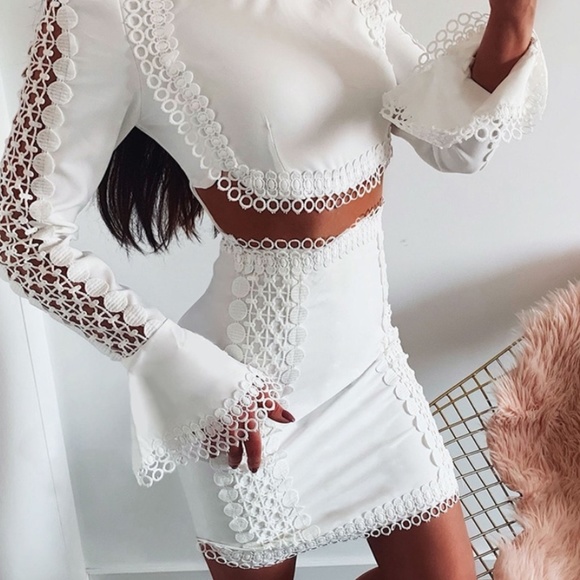 White 2 Piece Guipure Detail Skirt Set - Picture 3 of 16